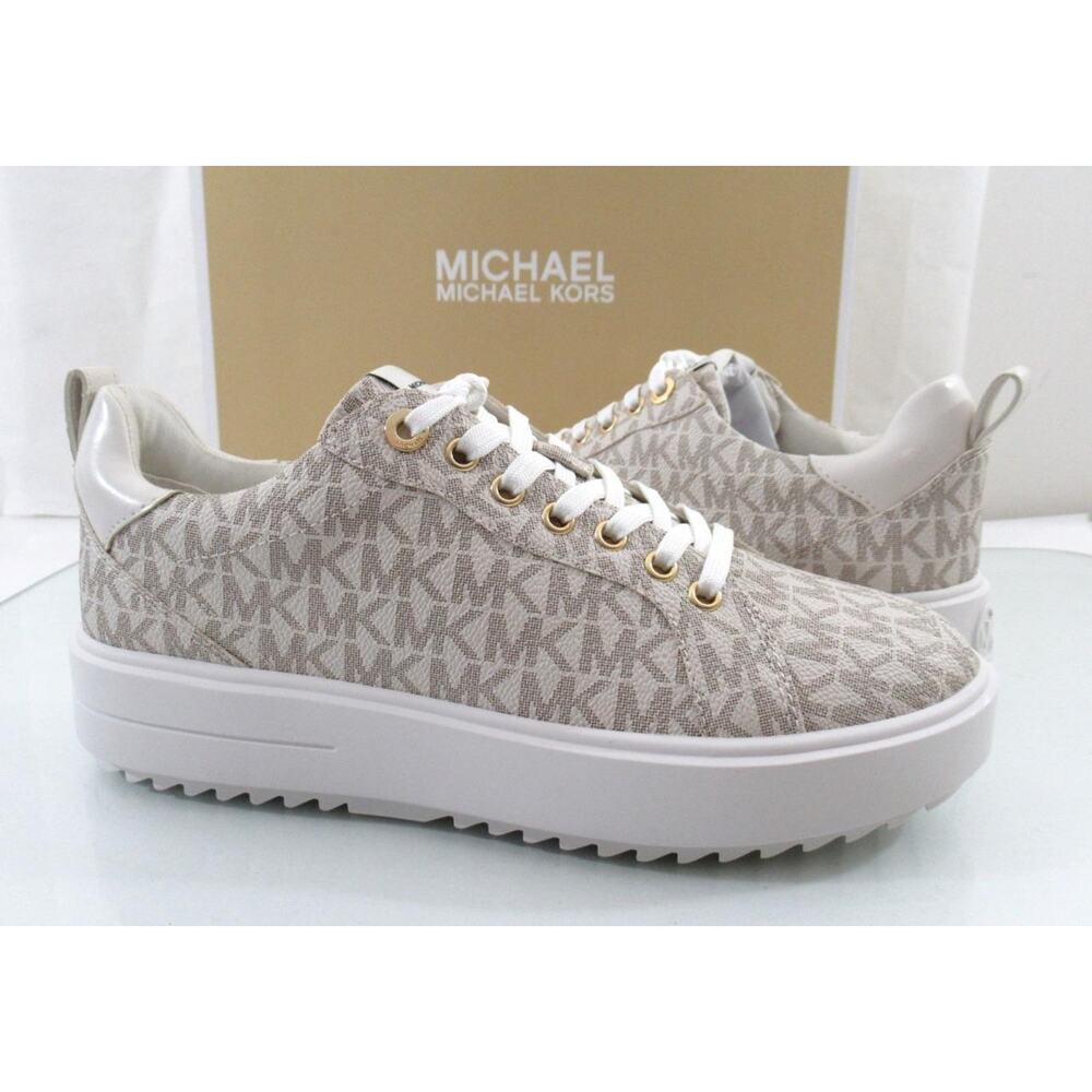 Michael Kors Emmett Lace up MK Logo Jacquard Sneakers Vanilla Beige Size 8 - Picture 4 of 10